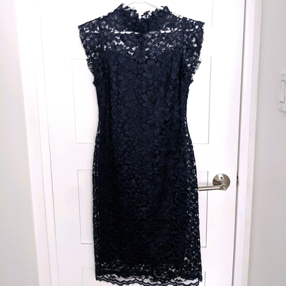 Formal Navy Lace Midi Dress - Picture 1 of 8